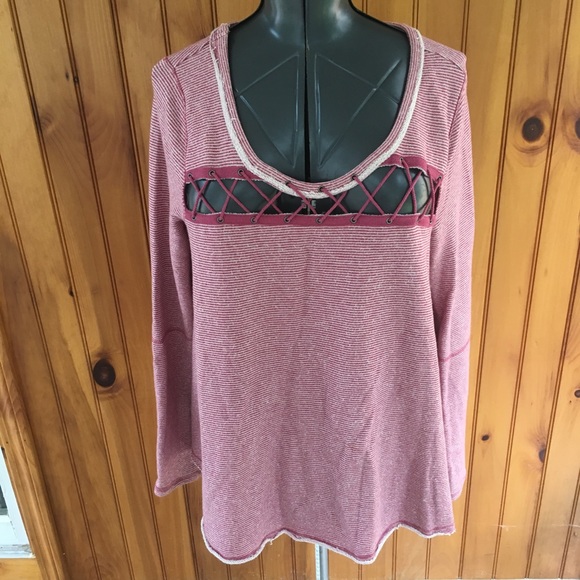 Free people medium pink white striped sweat shirt - Picture 1 of 6